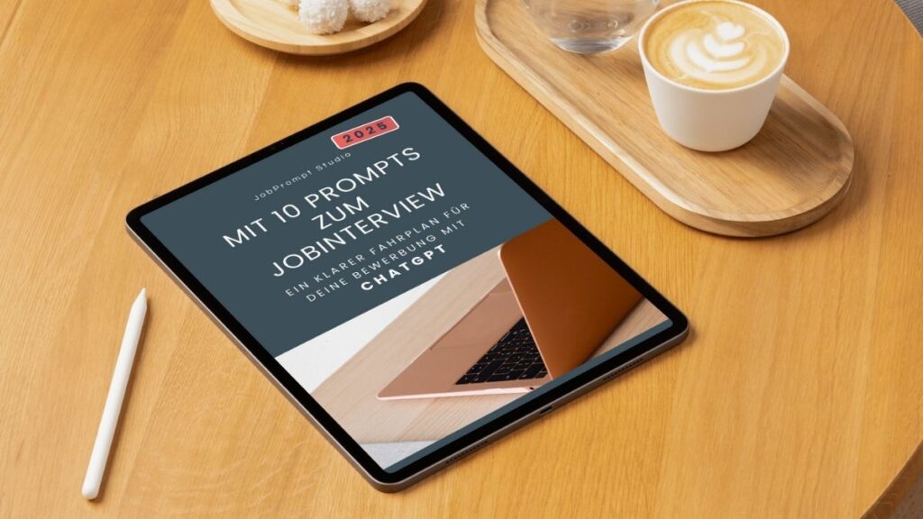 Bewerbung schreiben mit Chat GPT Ein Tablet liegtauf dem Tisch daneben steht ein Kaffee und ein Wasser.